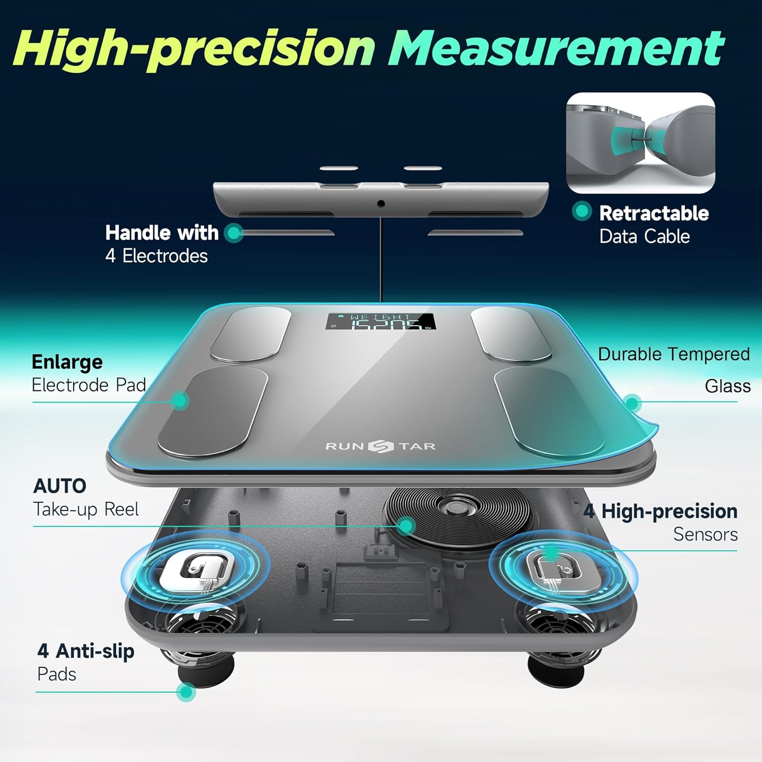 RunStar Digital Bathroom Scale for Body Weight, Body Fat, BMI 28 Measurements, Innovative 8-Electrode Smart Scales FSA&HSA Eligible with Voice Prompt Function High Accurate Bluetooth Weight Machine - Image 3