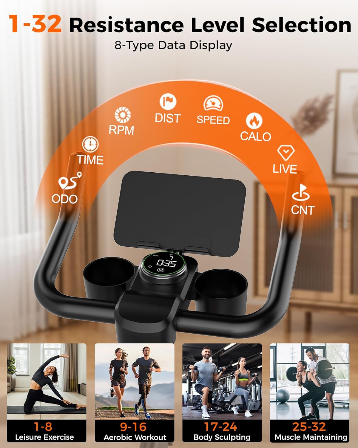 Superun Exercise Bike, Stationary Bikes for Home with 300LBS Weight Capacity, Low Noise Spin Bike Indoor Cycling for Home Gym, LCD Display and Cup Holder - Image 6