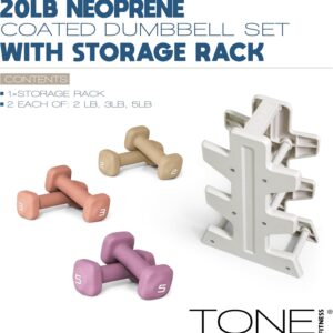 Tone Fitness Neoprene Dumbbell Set with Storage Rack – Non-Slip, Anti-Roll Hand Weights for Home Gym Workouts | 20 lb, 32 lb, 50 lb, 60 lb & 100 lb Options