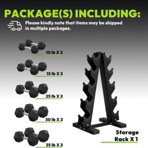 Hex Weights Dumbbells Set with Rack, 100-550 lb Rubber Coated Dumbbell Sets with Storage, Free Hand Weight for Strength Training, Exercise, Fitness, Home, Gym, Heavy Duty