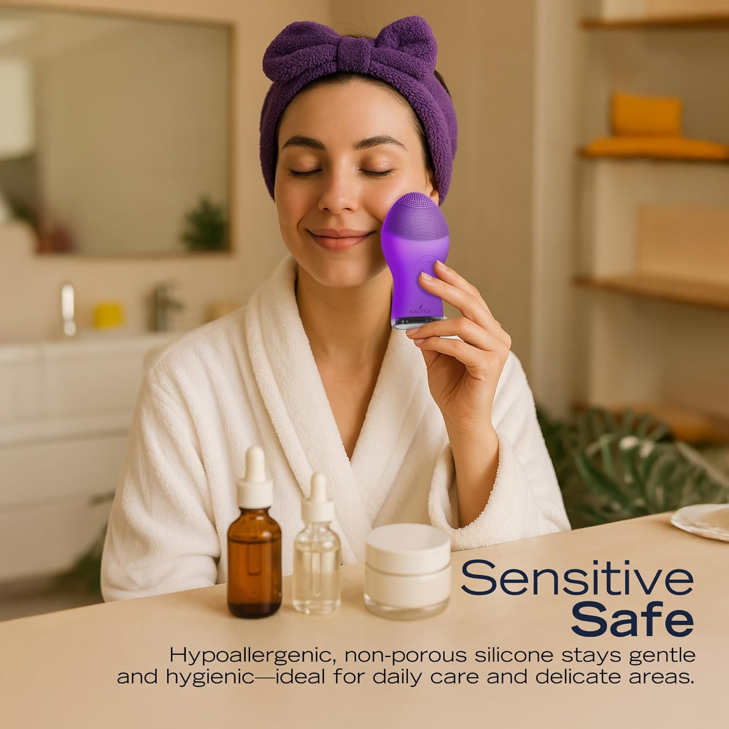 Nautica PC120 Facial Cleansing Brush Made with Ultra-Hygienic Soft Silicone, Waterproof, Rechargeable Vibrating Face Exfoliator Scrub Brush with Sonic Technology for Men & Women - Hy Purple - Image 3