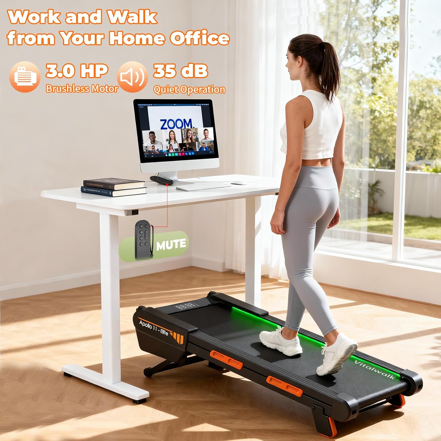 Walking Pad Treadmill with Auto Incline 15%, Vitalwalk Full Deck 40"x16", 350lbs Capacity, 3.0HP Brushless, Portable Under Desk Treadmills for Home Office, Upright Space-Saving, Ambient Light, APP - Image 4