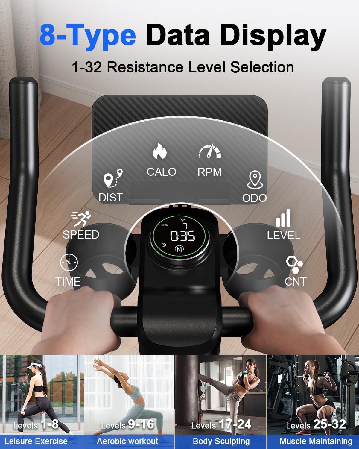 Superun Exercise Bike, Stationary Bikes for Home Gym with 32-Level Magnetic Resistance, 300LBS Capacity Indoor Cycling Bike with Comfortable Seat, LED Display - Image 5