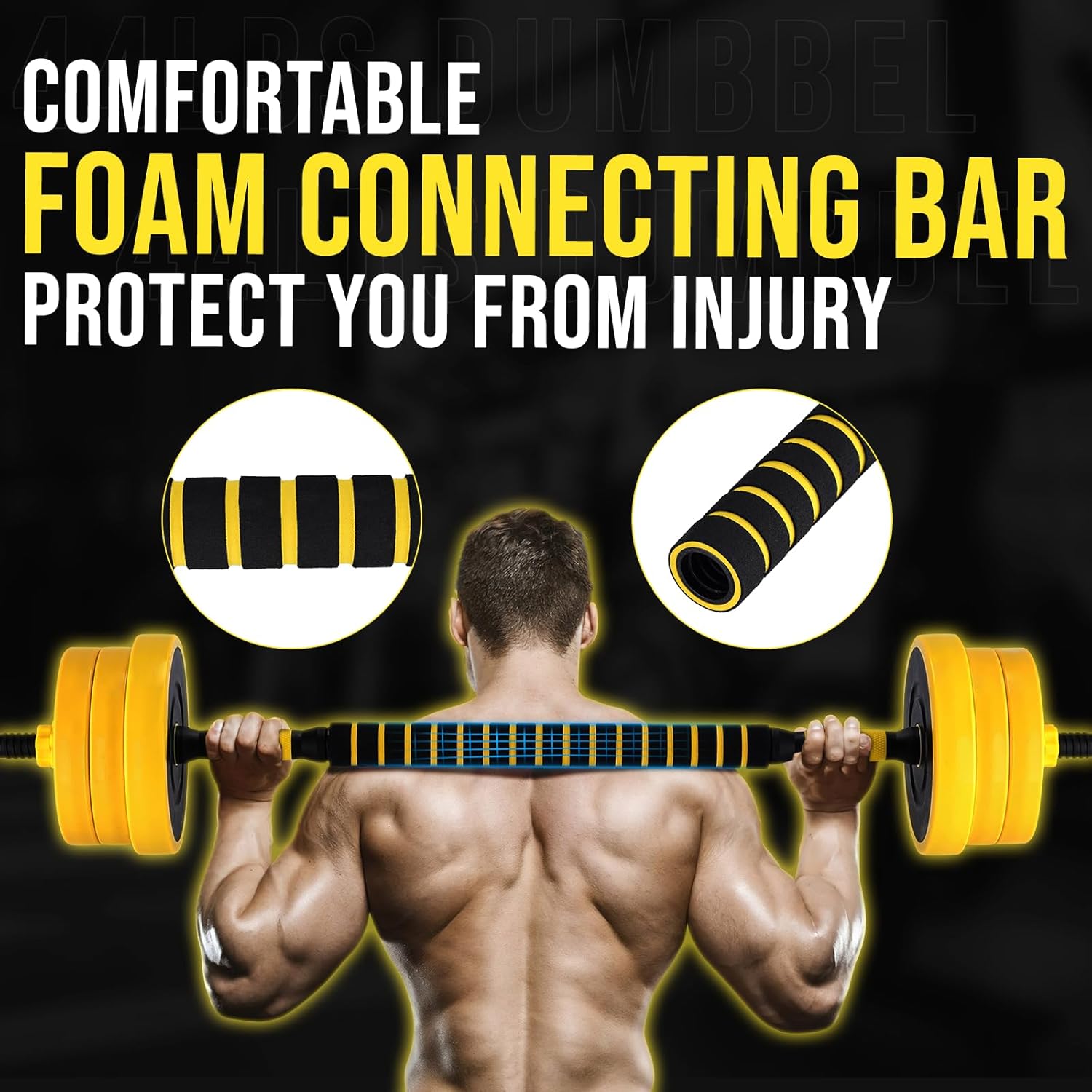 Adjustable Weights Set for Home Gym, 33/44 Lb 2-In-1 Adjustable Dumbbell Set with Foam Handles, Yellow - Image 6