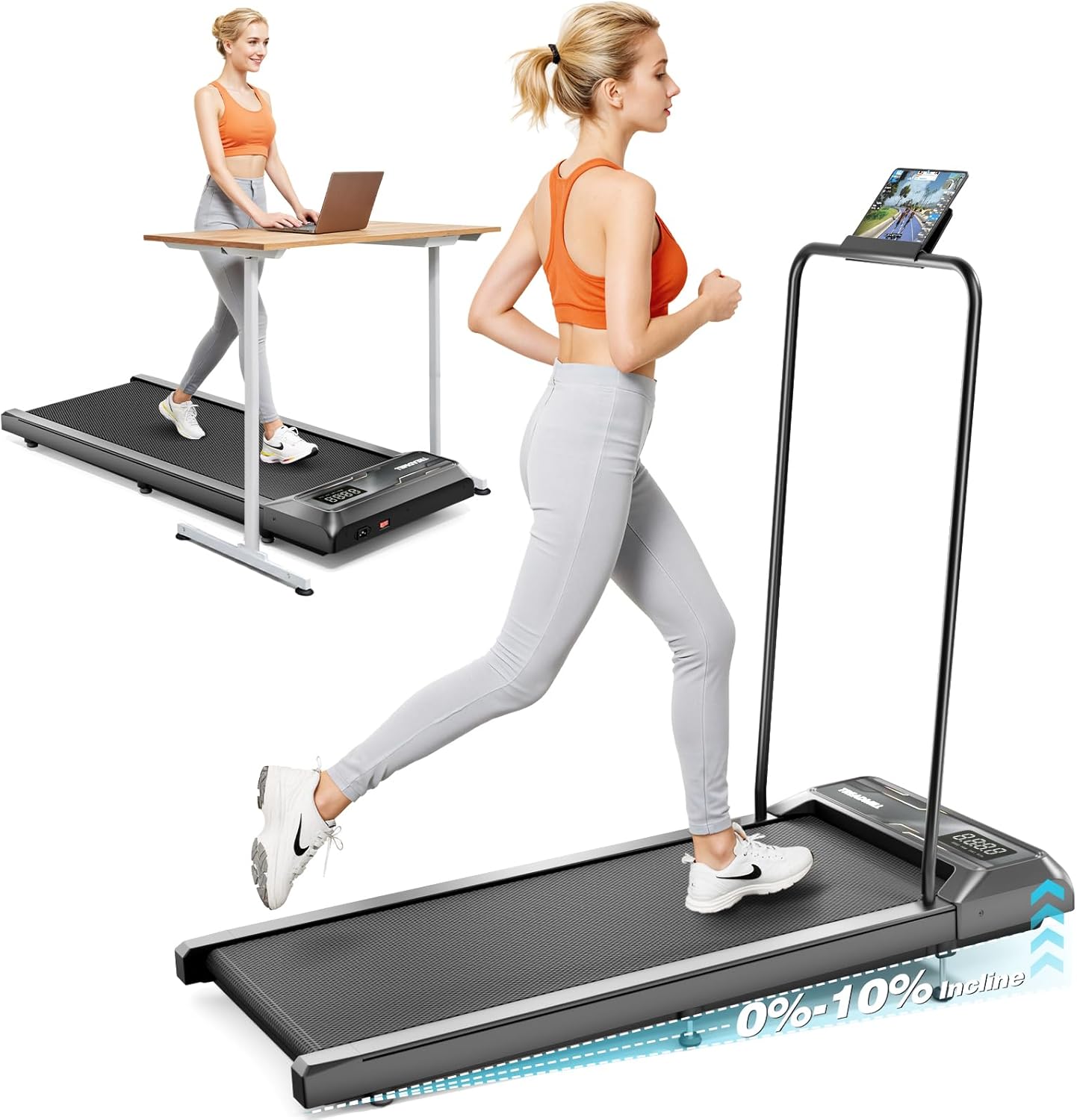 Walking Pad Treadmill with 10% Incline, 2.5HP Under Desk Treadmill 450LBS Capacity LED Display, 4 in 1 Portable Small Treadmills with Handle Bar for Home Office Black