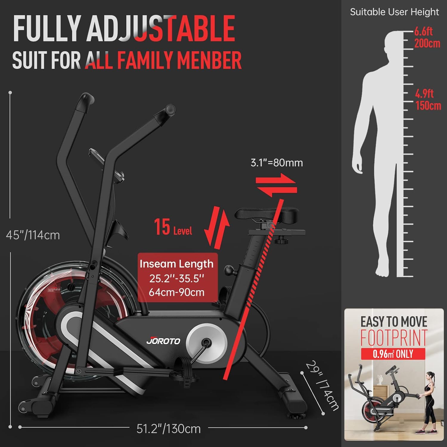 JOROTO XR5 Exercise Bike,Assault Bike,Stationary Upright Indoor Cycling Bike with Dual Acction Handlebars,Recumbent Cross Trainer and Elliptical Exercise Machine Support Bluetooth & Heart Rate - Image 5