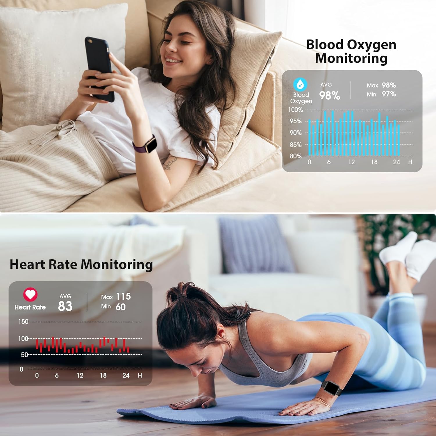 Fitness Tracker, Fitness Watch with Blood Oxygen, Blood Pressure & Heart Rate Monitor, Steps Calories Counter, Sleep Monitor, Pedometer 50 Meters Waterproof, Smart Watch for Android iPhones - Image 2