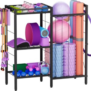 3 Tiers Dumbbells Yoga Mat Storage Rack with Elastic Straps for Kettlebells Foam Roller Resistance Bands Balls, Workout Equipment Organizer Weight Storage Holder with Hooks for Home Gym