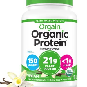Orgain Organic Vegan Protein Powder, Vanilla Bean – 21g Plant Protein, 6g Prebiotic Fiber, No Lactose Ingredients, No Added Sugar, Non-GMO, For Shakes & Smoothies, 2.03 lb (Packaging May Vary)