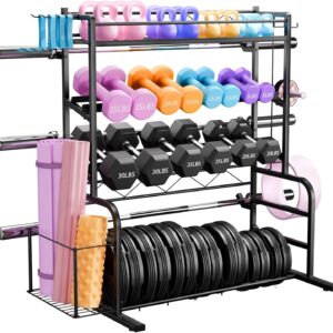 XL Adjustable Weight Rack for Dumbbells – Bonvork Barbell Holder Bumper Plate Storage Rack with 3 Olympic Bar Racks, Dumbbell Rack Weight Stand,Home Gym Storage Rack for kettlebells,Yoga Mat