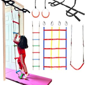 Deluxe Doorway Gym for Kids, 6 Piece Indoor Sensory Swing Set Playground + Pull Up Bar, Swing Seat, Climbing Cargo Net, 2X Gymnastics Trapeze Rings, Rope Ladder, 300 lbs Capacity