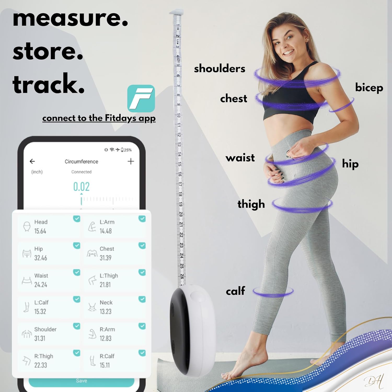 Diamond Hills Rechargeable Smart Body Tape Measure, Measuring Tape for Weight Loss, 60in/150cm, Bluetooth Body Measurement with App, Fitness Measurement Device for Muscle Gain, Waist - Image 2