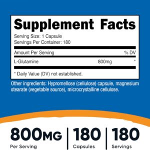 Nutricost L-Glutamine 800mg, 180 Capsules – Gluten Free, Non-GMO