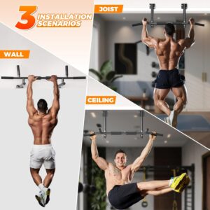 Joist Mounted Pull Up Bar, 3 in 1 Chin Up Bar Ceiling Mount Adjustable Height, 42″ Wide Bar for Home Gym Cross Training Strength Building, Up to 350LBS