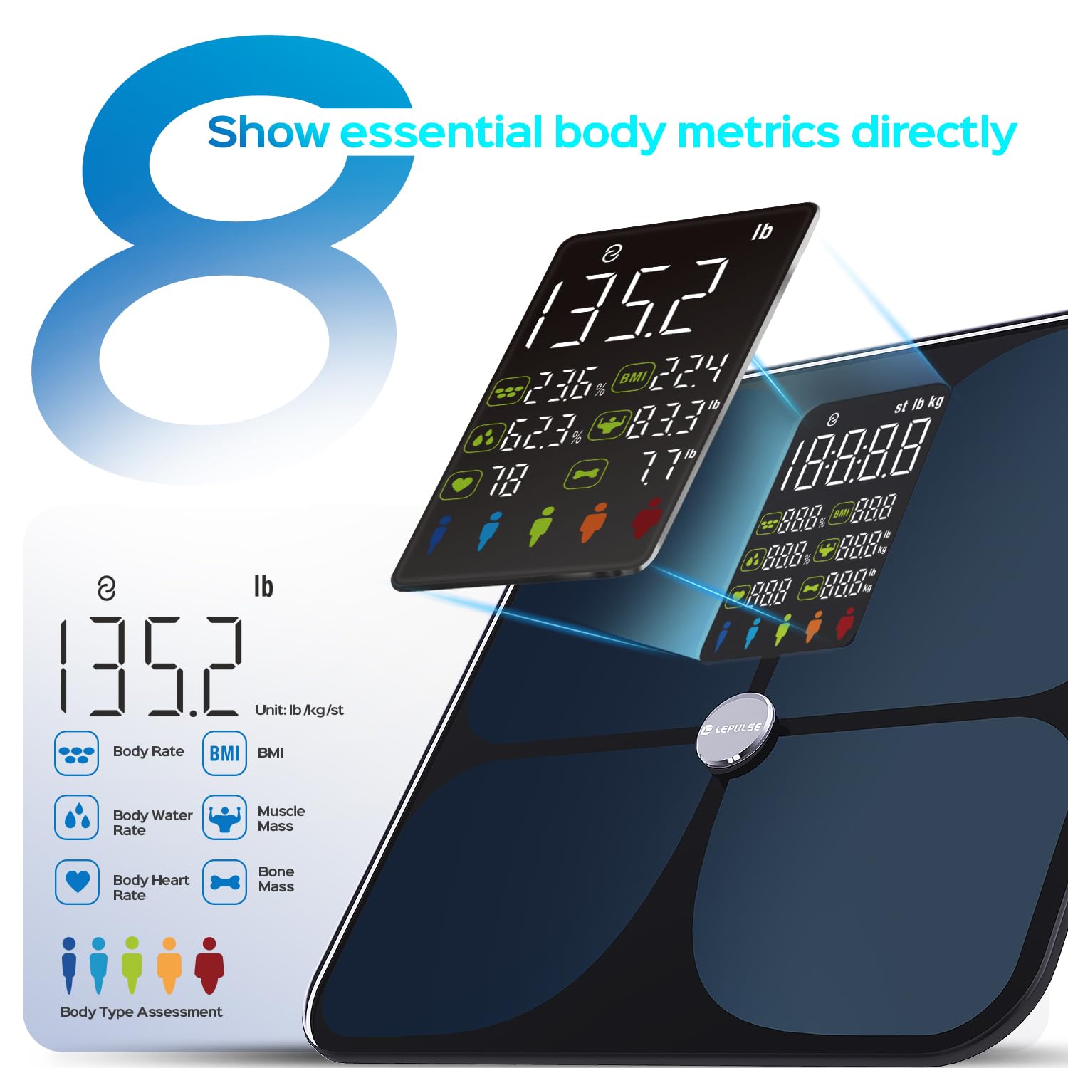 Lepulse Scale for Body Weight, Smart Digital Bathroom Weight Scale with BMI Muscle Mass 20 Body Composition Metrics,4.68"Large Display Body Fat Scales, Heart Rate, Accurate Bluetooth Weighing with App - Image 3