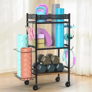 Dumbbell Rack Stand Only, Home Weight Rack for Dumbbells Kettlebells Yoga Mat, Home Gym Storage Rack with Wheels and Hooks, Space Saving Workout Equipment Organizer. ﻿