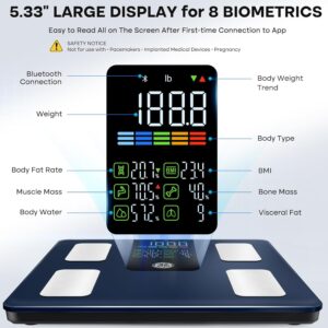 GE Smart Scale for Body Weight, BMI, Body Fat, Muscle Mass, Digital Bathroom Scales 500lbs for Bluetooth Weight Monitor 11.8″ Large Platform Weighing Machine Health Analyzer with App, Dark Blue
