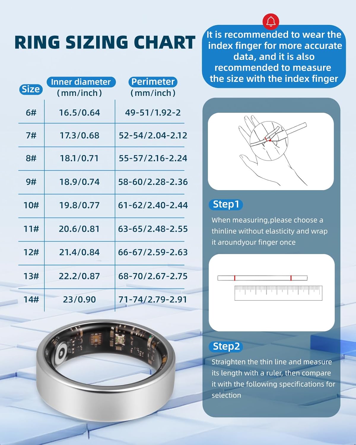 Smart Ring for Women Men Fitness Ring with Step Counting, Heart Rate, Blood Oxygen, Pressure Monitoring, Sleep Monitoring, IP68 Waterproof for iPhone and Android, No Subscription Fee,Silver 7# - Image 2