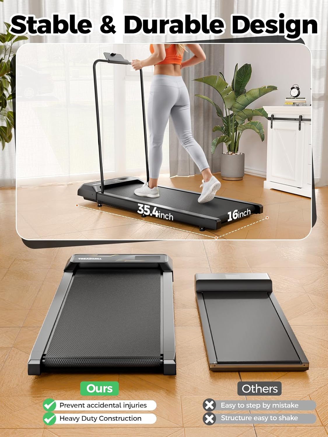 Walking Pad Treadmill with 10% Incline, 2.5HP Under Desk Treadmill 450LBS Capacity LED Display, 4 in 1 Portable Small Treadmills with Handle Bar for Home Office Black - Image 4