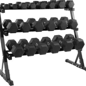 Fitvids Rubber Coated Hex Dumbbell Weight Set and Storage Rack, 100LB or 150LB or 200LB​ Sets, 5-20 lbs or 5-25 lbs or 10-30 lbs Pairs