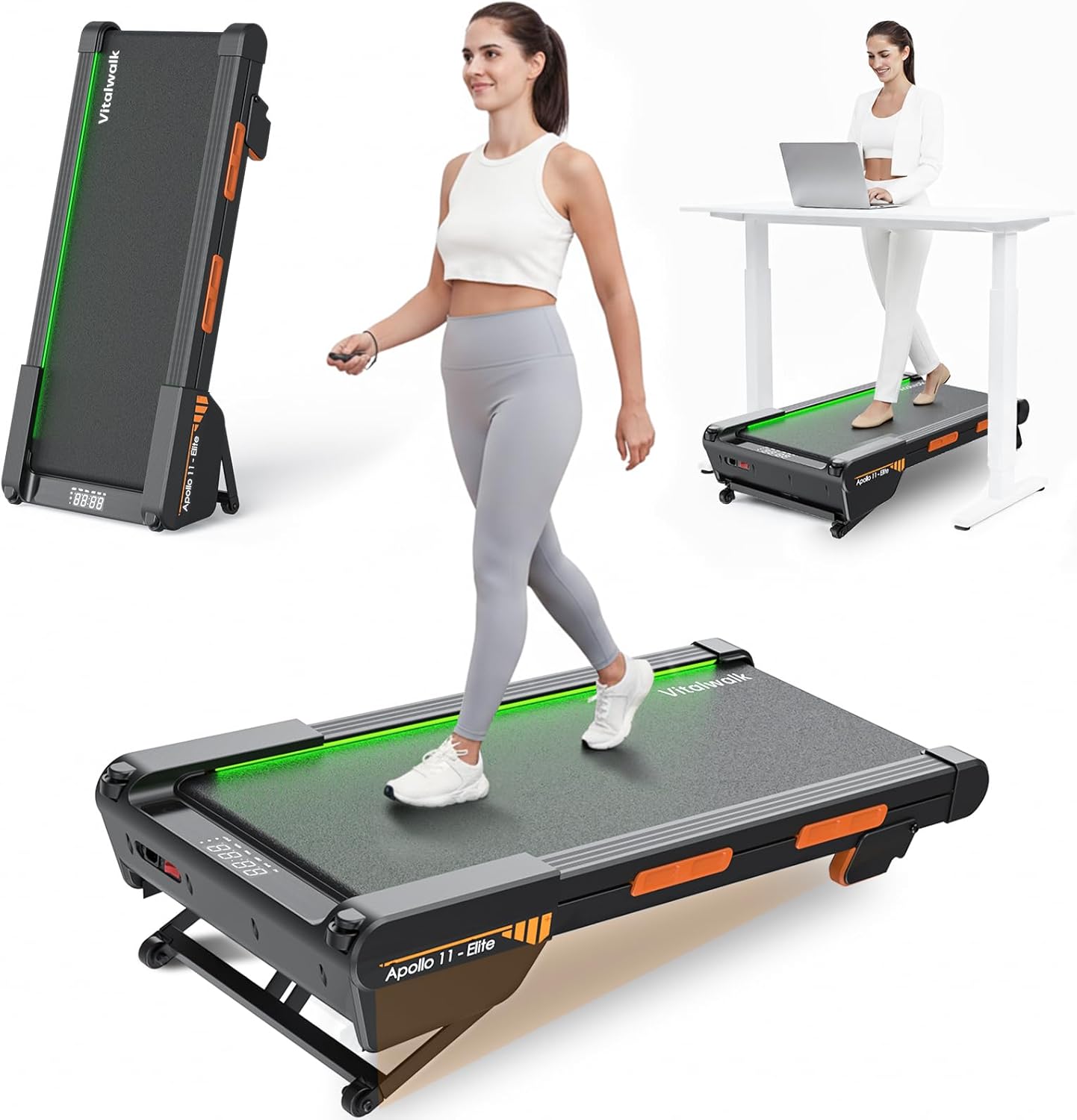 Walking Pad Treadmill with Auto Incline 15%, Vitalwalk Full Deck 40"x16", 350lbs Capacity, 3.0HP Brushless, Portable Under Desk Treadmills for Home Office, Upright Space-Saving, Ambient Light, APP
