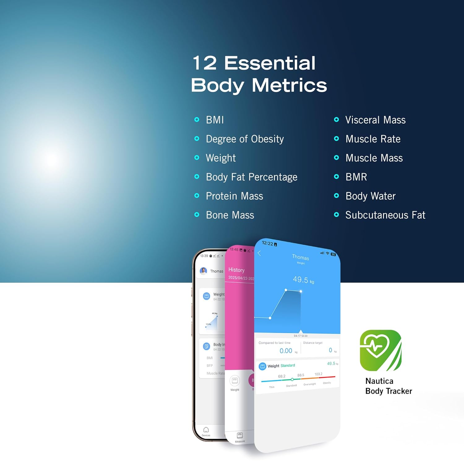 Nautica Body Tracker Digital Bathroom Scale, Bluetooth-Enabled Smart Scale with BMI, Body Fat, Muscle Mass Tracking & More, Syncs with Smartphone App for Body Composition Tracking, 440 Lbs. - Image 3