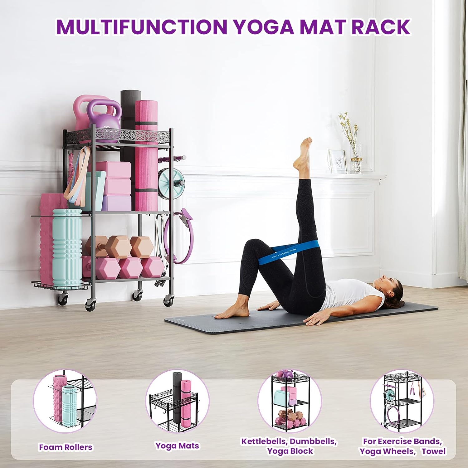 Yoga Mat Storage Rack, Home Gym Storage Rack, VOPEAK Workout Storage for Yoga Mat, Foam Roller, Gym Organizer Gym Equipment Storage for Home Exercise and Fitness Gear - Image 7