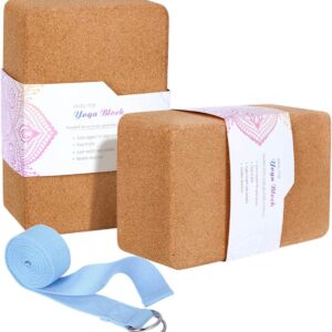 2 Pack Cork Yoga Blocks with Yoga Strap Set – 4 x 6 x 9 inch