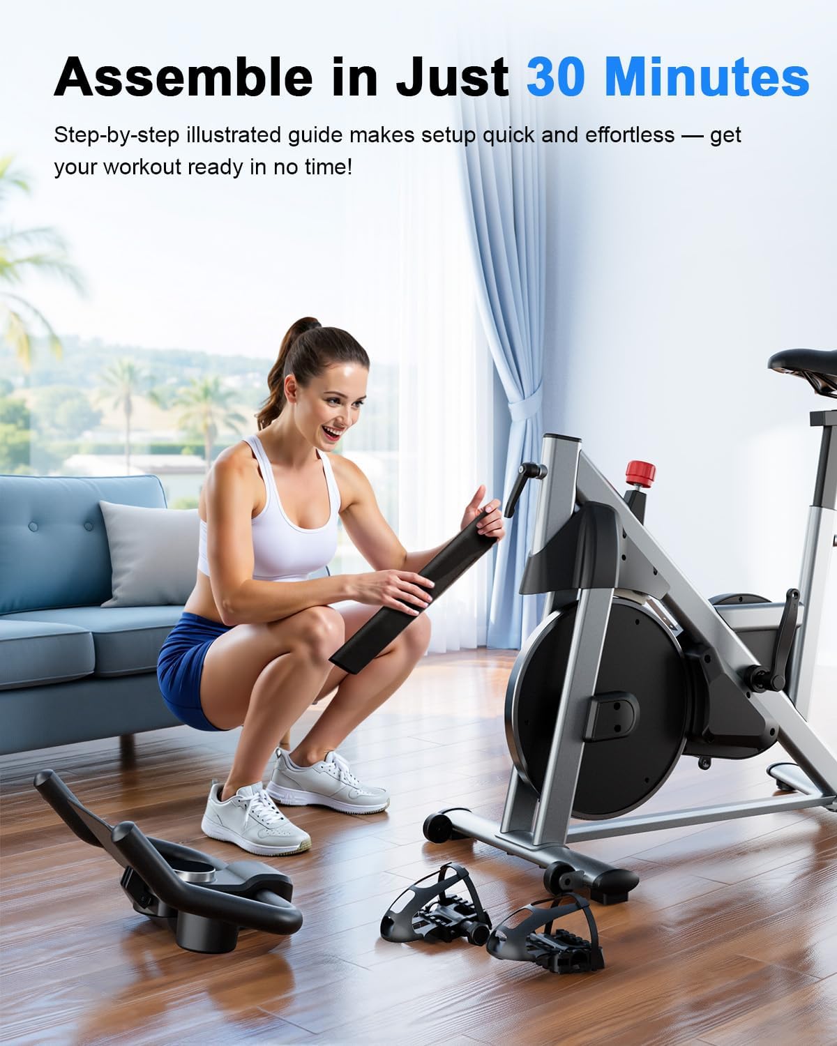 Superun Exercise Bike, Stationary Bikes for Home with Brake Pad, Low Noise Spin Bike with 300LBS Weight Capacity, Indoor Cycling for Home Gym with Pad Mount LCD Monitor and Cup Holder - Image 9
