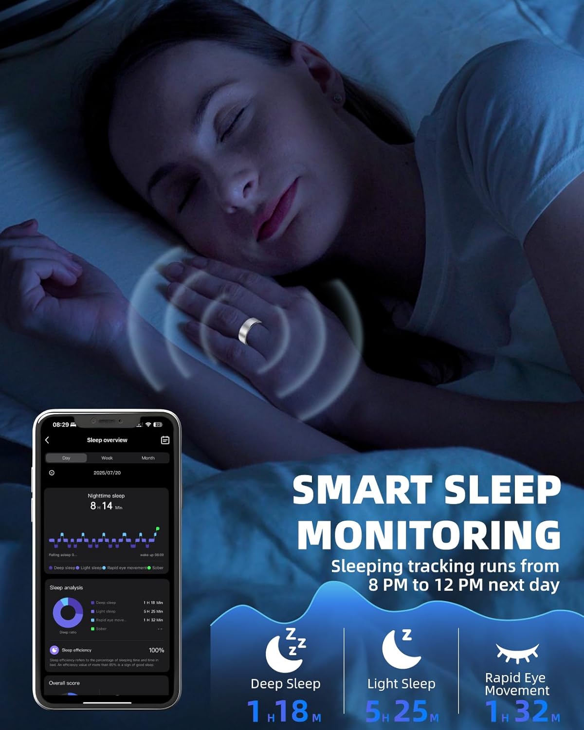 Smart Ring for Women Men Fitness Ring with Step Counting, Heart Rate, Blood Oxygen, Pressure Monitoring, Sleep Monitoring, IP68 Waterproof for iPhone and Android, No Subscription Fee,Silver 7# - Image 6