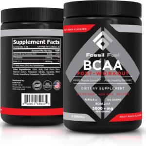 Fossil Fuel Sugar-Free BCAA Powder – Post-Workout Muscle Recovery with BCAAs, Glutamine, Vitamin B6, Amino Acids, Endurance & Hydration, Fruit Punch (30 Servings)