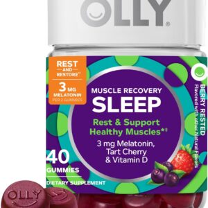 OLLY Muscle Recovery Sleep Gummies, Sleep and Sore Muscle Support, 3mg Melatonin, Tart Cherry, Vitamin D, Berry Flavor – 40 Count