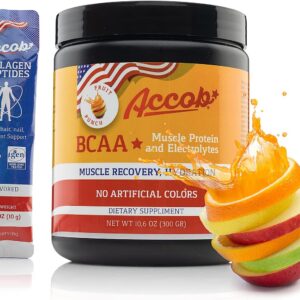 BCAA Powder Fruit Punch-Pre or Post Workout,Muscle Recovery Drink with Amino Acids + Electrolytes,7,2g BCCAs for Men and Women-30 Servings +10g of Collagen Peptides