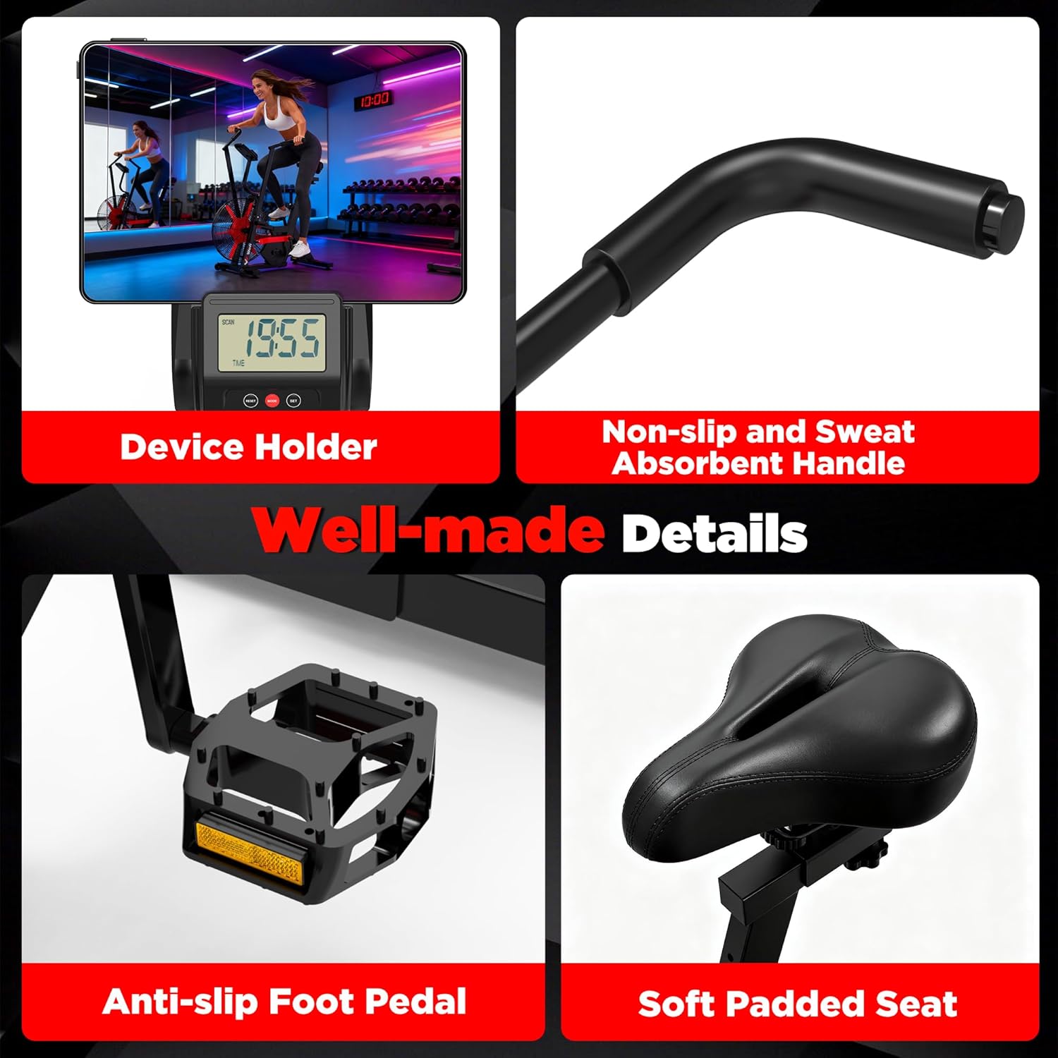 Air Bike,Air-Resistance Exercise Fan Bike With Dual Acction Handlebars for Home Cardio Workout,Adjustable Indoor Cycling Bike,330lb Weight Capacity APP Connection Customizable Monitor - Image 9