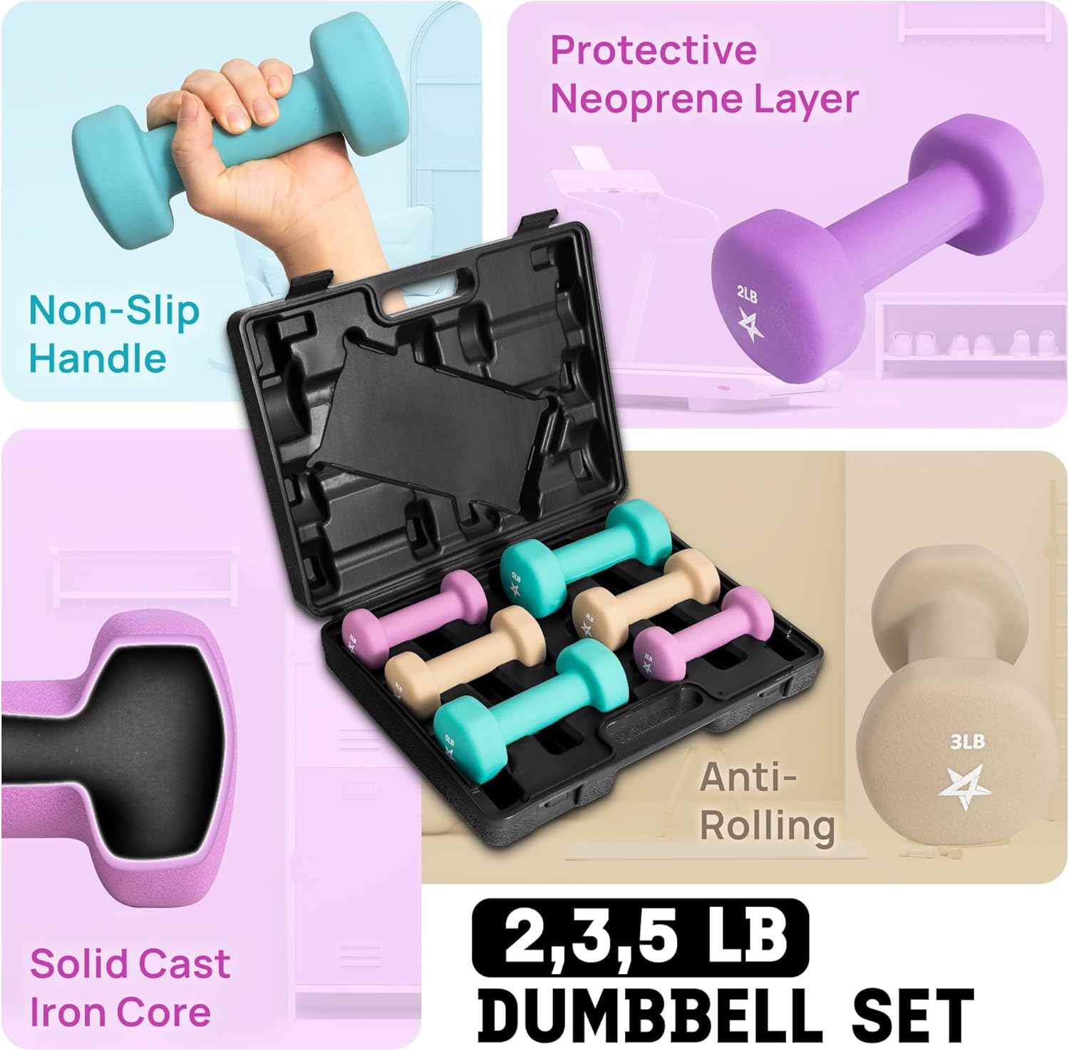 Yes4All Neoprene Coated Dumbbell Hand Weight Sets - Multiple Weight Options with Rack, Anti-roll, Anti-Slip, Hexagon Shape - Image 3