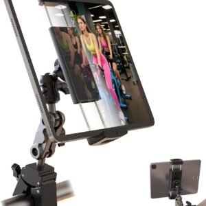 Tablet Holder for Treadmil Indoor Cycle Elliptical Spin Bike Peloton Music Stand 360° Adjustable Super Crab Handlebar Climp Mount Compitable with 4.7~12.9″ iPad Switch iPhone e-Reader
