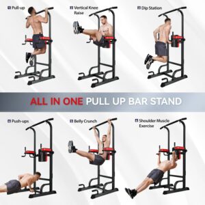Pooboo Power Tower Dip Station Pull Up Bar for Fitness Home Gym Workout,Multi-Function Adjustable Height Fitness Strength Training Exercise Equipment,with Power Elastic Ropes