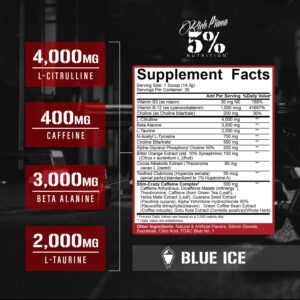 5% Nutrition Rich Piana 5150 High Stim Pre-Workout Powder | Extreme Energy, Focus, Pumps & Endurance | 400 mg Caffeine, Citrulline, Beta Alanine, N-Acetyl L-Tyrosine | 30 Srvgs (Blue Ice)