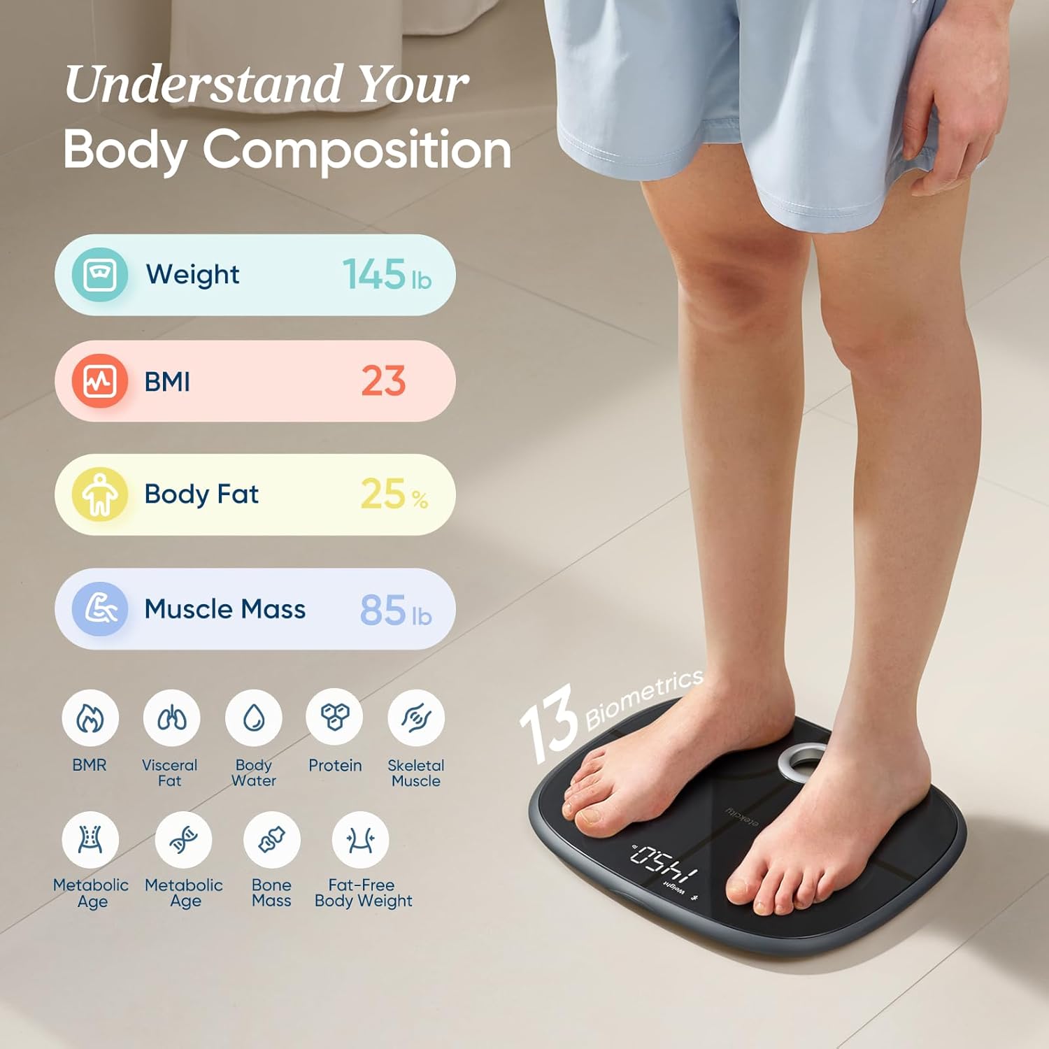 Etekcity Smart Rechargeable Scale for Body Weight, BMI, Fat, Muscle Mass, Digital Bathroom Scale with 13 Metrics, Secret Mode, Bluetooth Connect to Free Apps, Stealth Black - Image 2