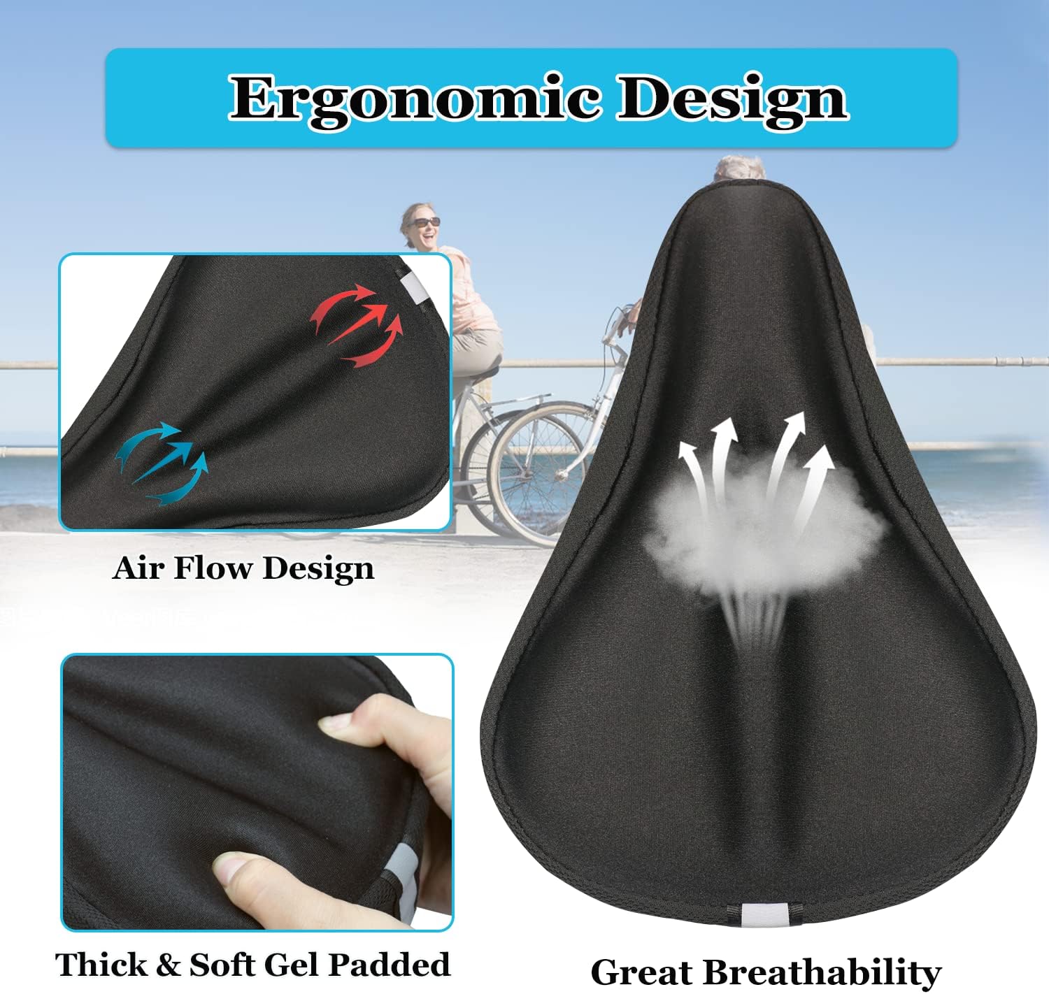 Gel Bike Seat Cover Padded Bicycle Saddle Covers for Women & Men, Most Comfortable Exercise Bike Seat Cushion Cover, Soft for Spin Indoor Outdoor Cycling Class Mountain Stationary Bikes - Image 4