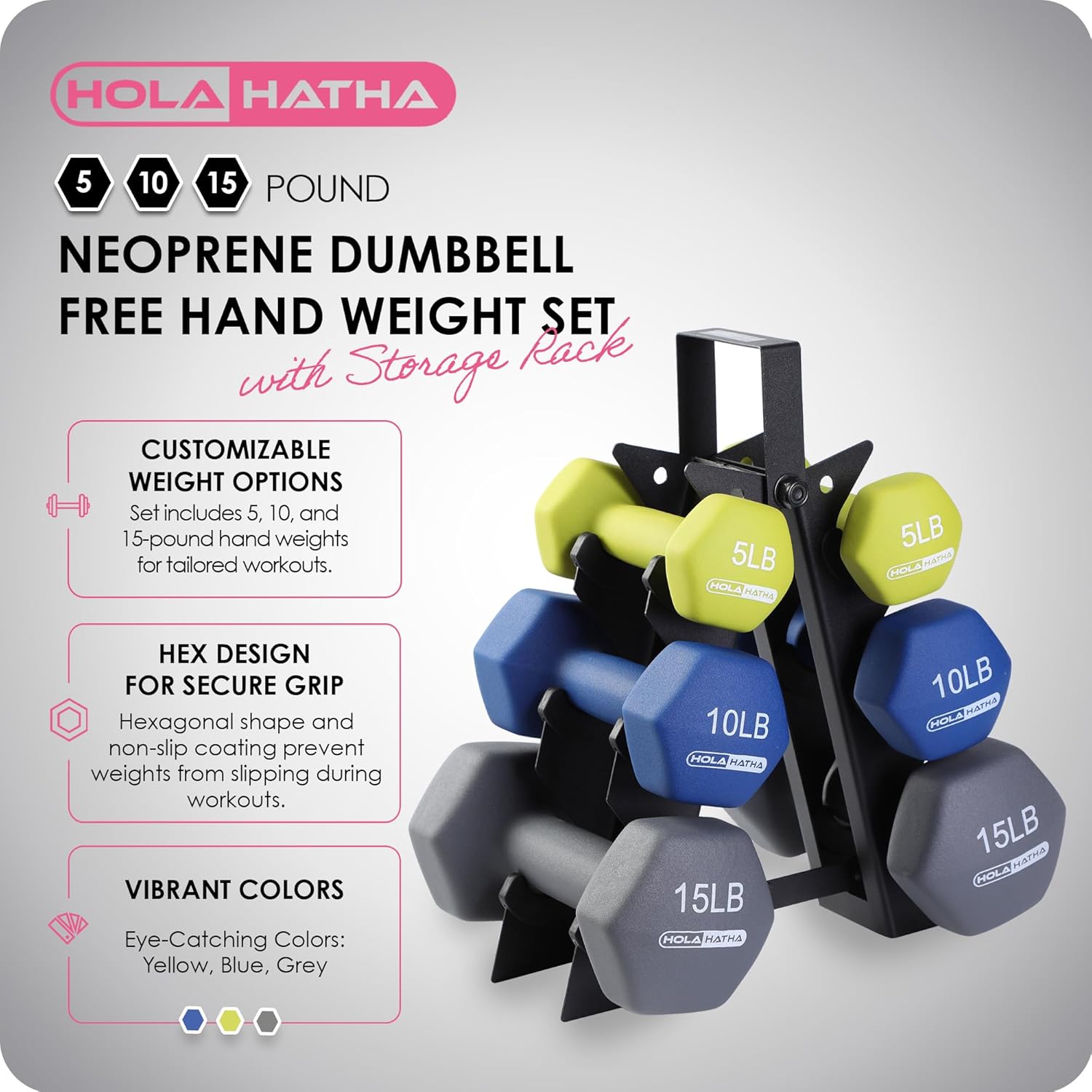 HolaHatha 2, 3, 5, 8, and 10 Pound Neoprene Dumbbell Free Hand Weight Set with Rack, Ideal for Home Exercises to Gain Tone and Definition, Pastel - Image 2