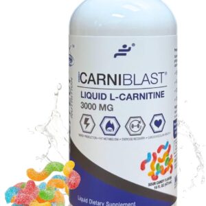 Bricker Labs CARNIBLAST Liquid L-Carnitine 3000mg with Carnipure and GBB Energy, Stamina and Endurance Support, Pre and Post Workout Supplement Sour Candy Flavor, 16 FL Oz