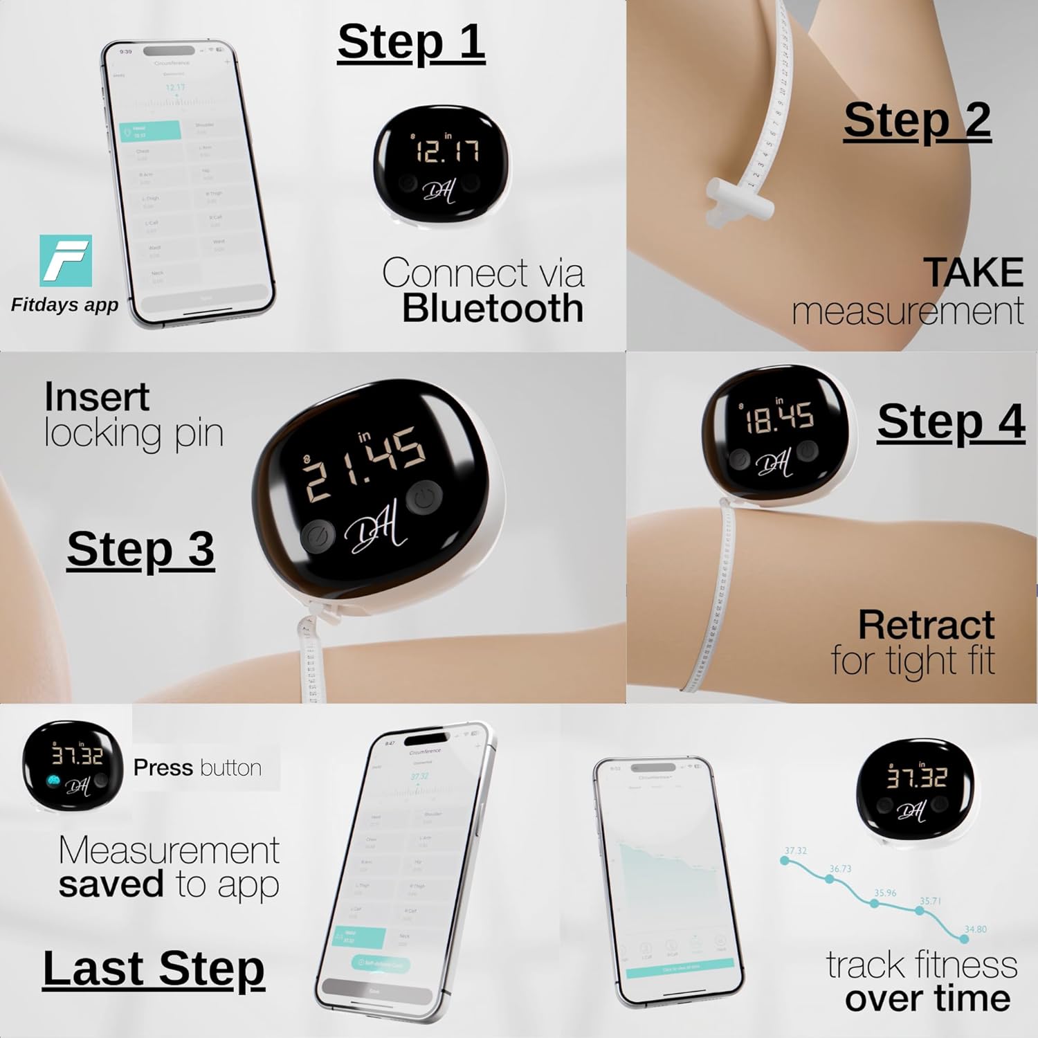 Diamond Hills Rechargeable Smart Body Tape Measure, Measuring Tape for Weight Loss, 60in/150cm, Bluetooth Body Measurement with App, Fitness Measurement Device for Muscle Gain, Waist - Image 6