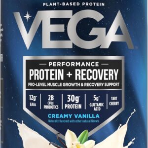 Vega Sport Vegan Protein Powder + Recovery – 30g Plant Based Protein per Serving, Vanilla, 20 Servings, 5g BCAAs, Probiotics, NSF Certified, for Shakes & Smoothies, 1.8lbs (Packaging May Vary)