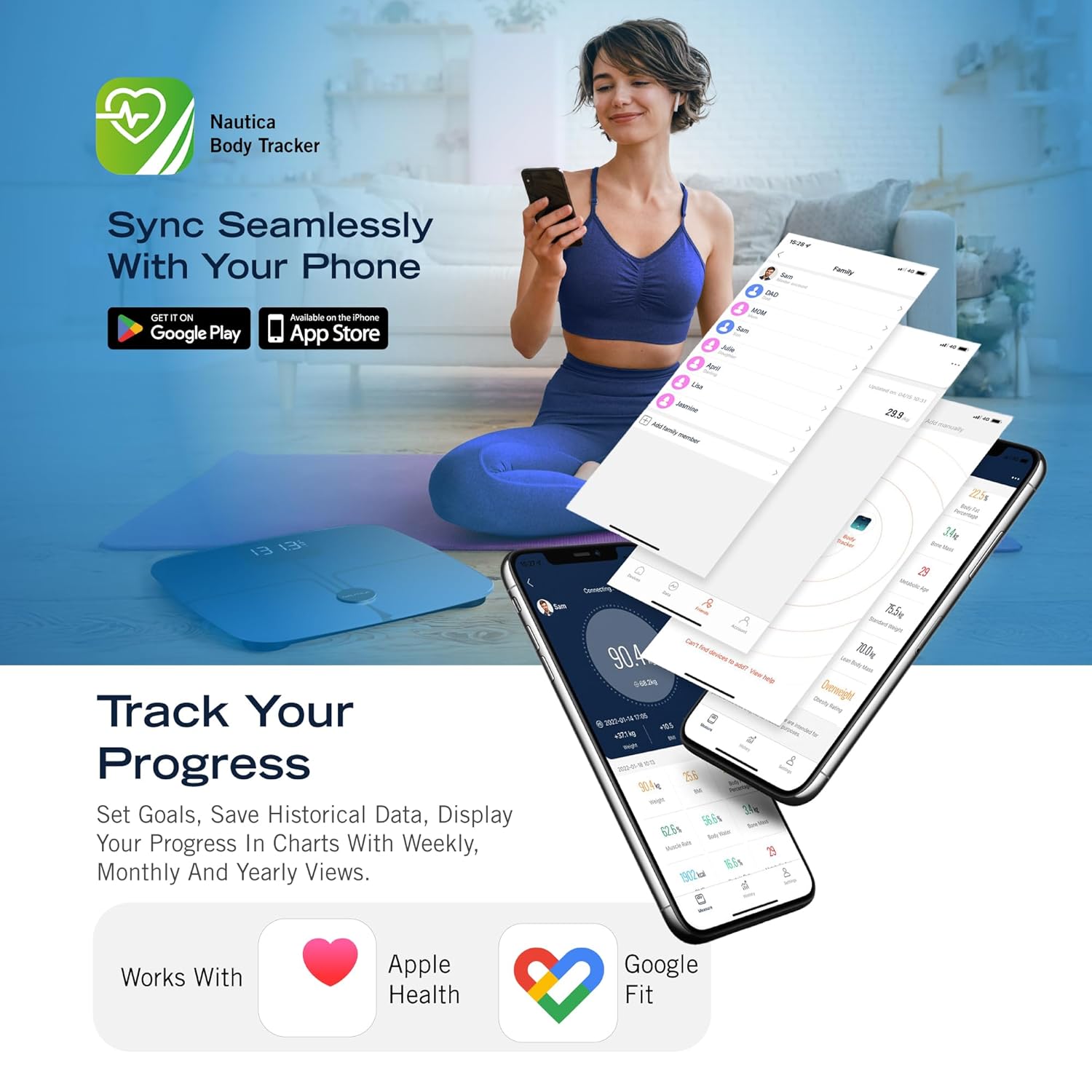 Nautica Body Tracker Digital Bathroom Scale, Bluetooth-Enabled Smart Scale with BMI, Body Fat, Muscle Mass Tracking & More, Syncs with Smartphone App for Body Composition Tracking, 440 Lbs. - Image 2