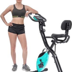 Exercise Bike, Folding Exercise Bike for 330LB Capacity, Fitness Upright and Recumbent X-Bike with 10-Level Adjustable Resistance, Back Support Cushion for Home Gym Workout