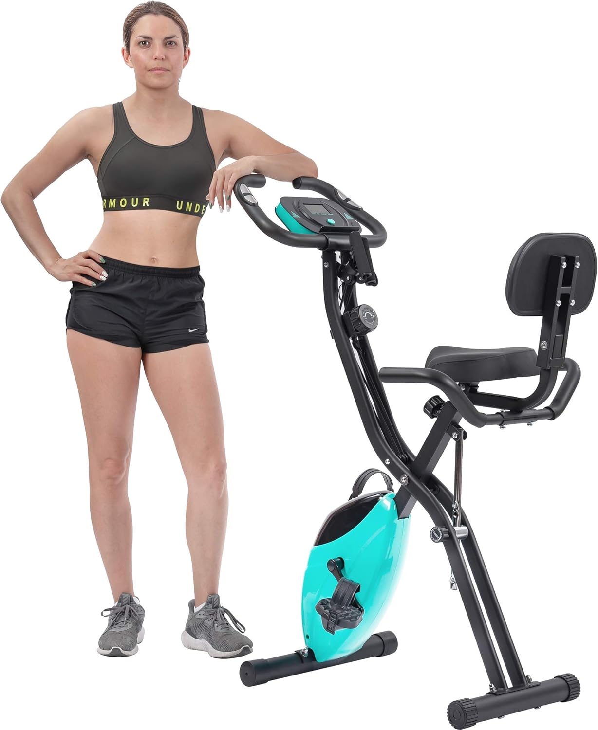 Exercise Bike, Folding Exercise Bike for 330LB Capacity, Fitness Upright and Recumbent X-Bike with 10-Level Adjustable Resistance, Back Support Cushion for Home Gym Workout