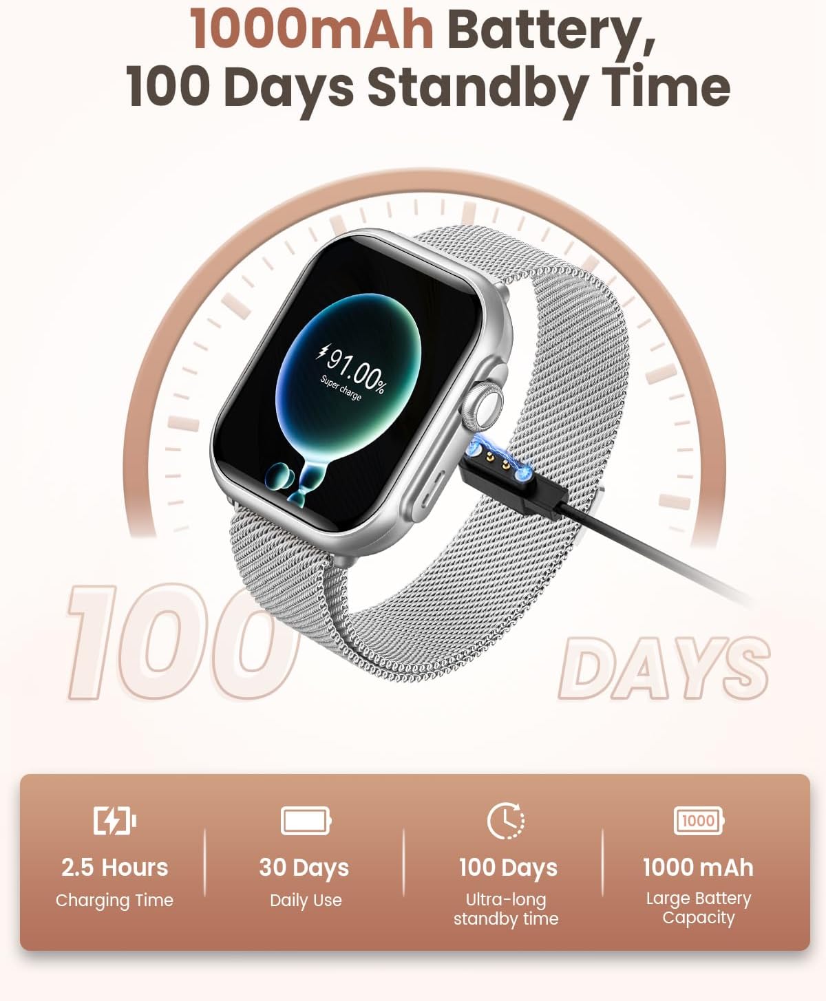 1.83" HD Smart Watch, 30 Days Battery Life, Sleep/Heart Rate/SpO2/Blood Pressure Monitor, Calls/Messages/Notifications, 5ATM 110+ Sports Modes Fitness Tracker Watch, for Women & Men/ Android & iPhone - Image 2