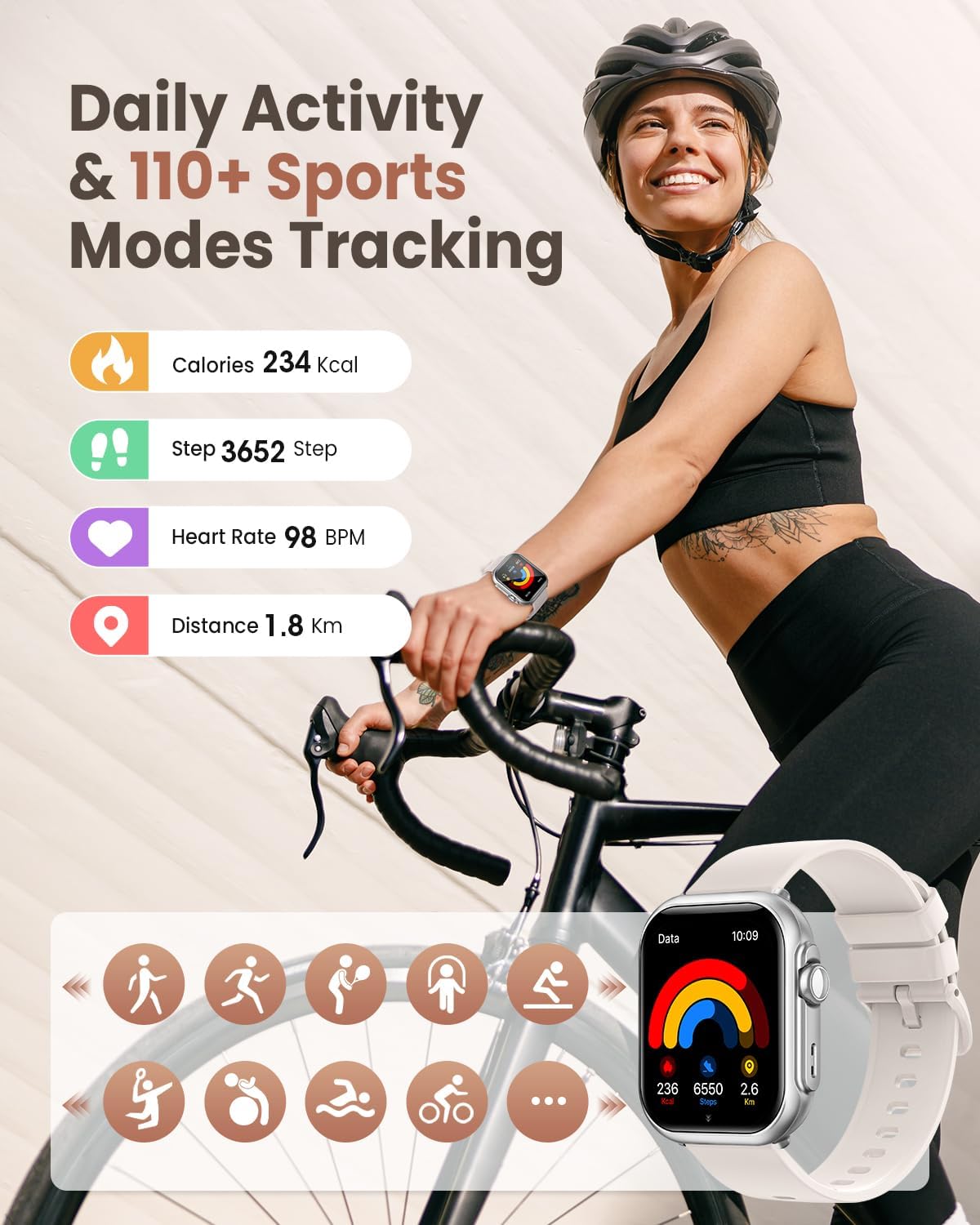 1.83" HD Smart Watch, 30 Days Battery Life, Sleep/Heart Rate/SpO2/Blood Pressure Monitor, Calls/Messages/Notifications, 5ATM 110+ Sports Modes Fitness Tracker Watch, for Women & Men/ Android & iPhone - Image 5