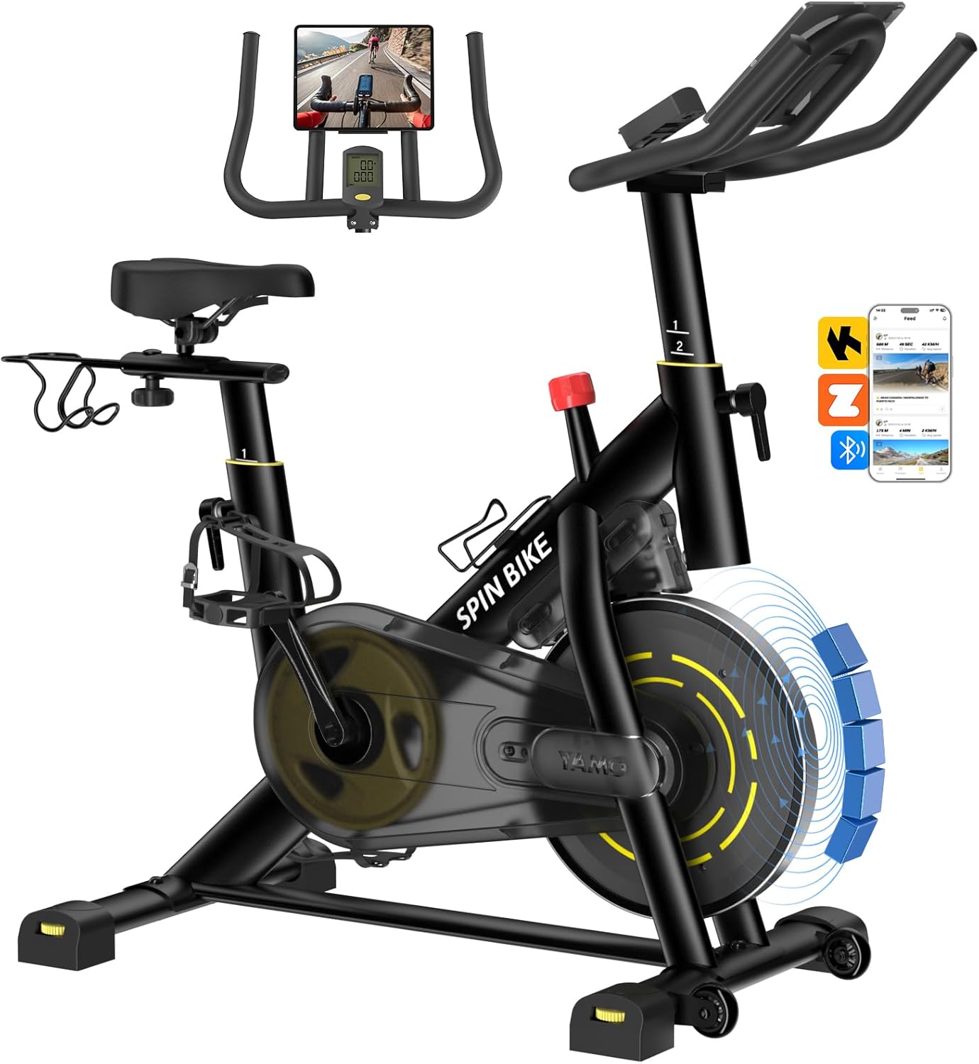 YAMO Exercise Bike, Upgraded Stationary Bikes for Home Cardio with App Compatible, Adjustable Quiet Magnetic Resistance Indoor Cycling Bike 300 LBS Capacity Comfortable Seat Cushion & Tablet Mount